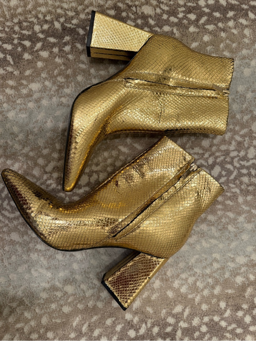 Marc Fisher Gold Metallic Snake-Embossed Block Heel Ankle Boots